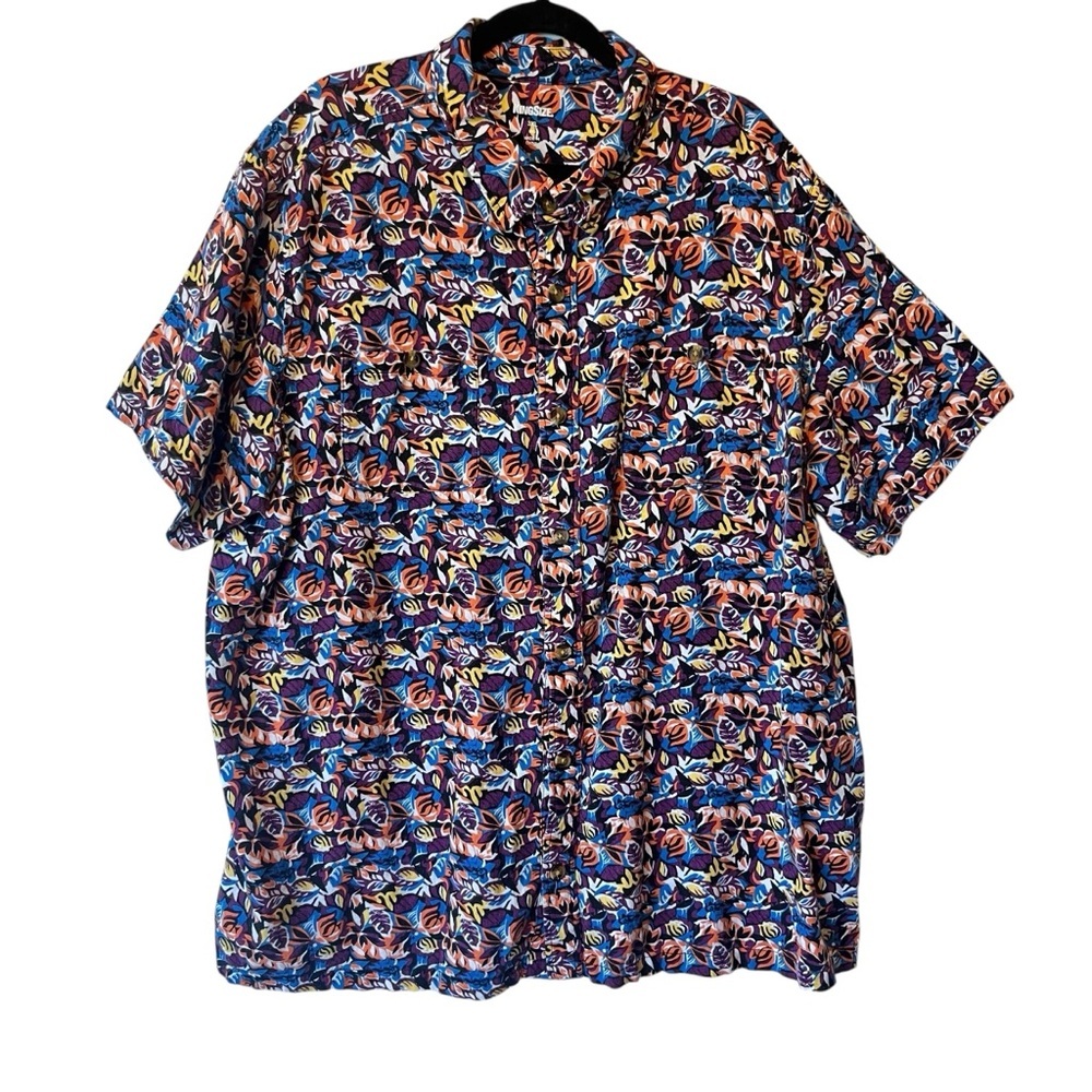 KingSize Button up shirt 3XL Big Linen blend Short sleeve Colorful floral Mens